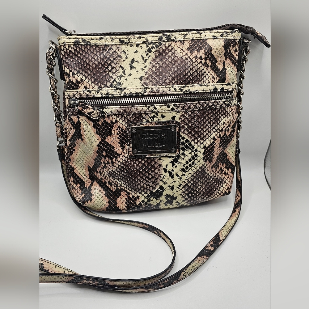 Nicole Miller Black and Cream Snake Print Crossbody Bag